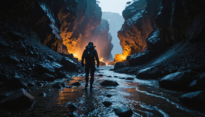 Fototapeta premium Reef Roams in Rainy Winter: The Explorer's Tale Immersed in Landslide