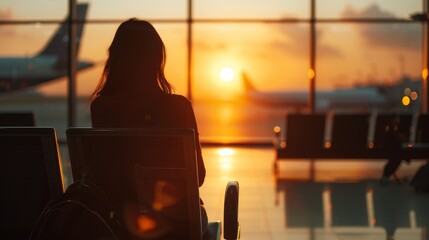 Traveling by plane, woman passanger waiting in airport, sihlouette