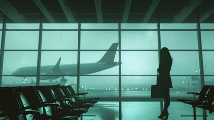 Traveling by plane, woman passanger waiting in airport, sihlouette