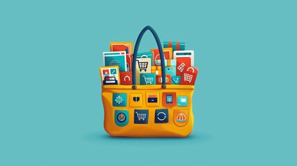 Fototapeta premium A vibrant illustration of a yellow shopping bag filled with digital icons representing various aspects of e-commerce and online shopping.
