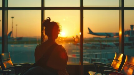 Traveling by plane, woman passanger waiting in airport, sihlouette