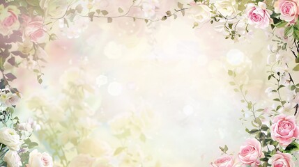 Floral Frame with Pastel Roses and Bokeh Background
