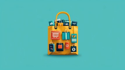 Fototapeta premium A vibrant illustration of a yellow shopping bag filled with digital icons representing various aspects of e-commerce and online shopping.