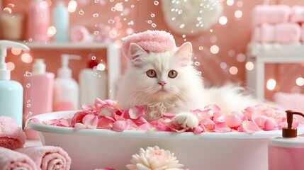 Stylish Ragdoll Cat Lounging in a Bathtub Filled with Rose Petals
