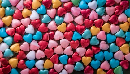 A vibrant collection of colorful heart shapes scattered on a surface, perfect for expressing love and affection in any design.