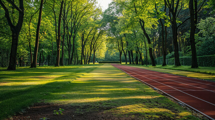 Outdoor running track surrounded by lush green trees in a recreational park.