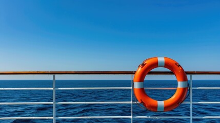 orange lifebuoy sits on the railing of a cruise ship at sea