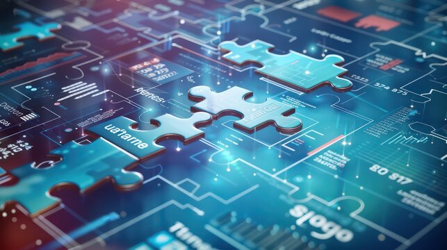 conceptual image of a budget as a series of interlocking digital puzzle pieces, each piece snapping into place and labeled with different financial categories