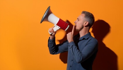 Fototapeta premium A man holding a megaphone while making a shushing gesture against a vibrant orange background.