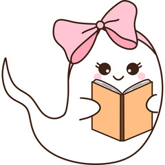 Ghost reading book clipart, Groovy retro halloween bookish illustration, Spooky season, Hippie vintage style