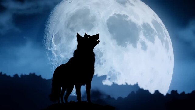 ilhouette of a wolf howling on a full moon night