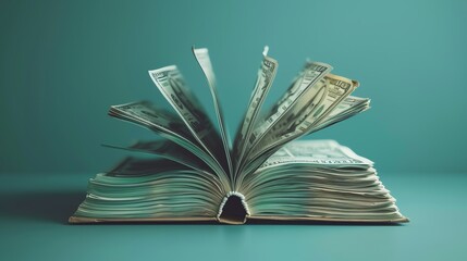 An open book with colorful cash flowing from its pages, symbolizing the connection between knowledge and wealth.