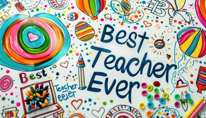 A colorful whiteboard with "Best Teacher Ever" written in bold letters surrounded by educational doodles and decorations