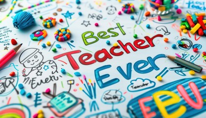 A close-up of a colorful whiteboard with "Best Teacher Ever" written in bold letters surrounded by educational doodles and decorations