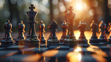 A close-up view of a chessboard with elegant pieces set against a warm sunset backdrop, symbolizing strategy and competition.
