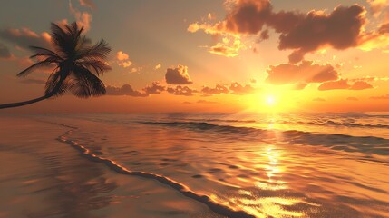 Tranquil Beach at Sunset with Gentle Waves Lapping at the Shore and a Lone Palm Tree Silhouetted Against the Golden Horizon for a Serene Coastal Scene