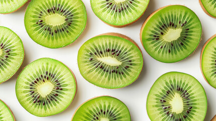 Fototapeta premium Whole and cut kiwis placed neatly on a white background, revealing the bright green flesh
