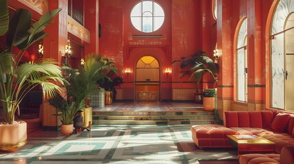 A vibrant, luxurious lobby featuring retro decor, palm plants, and a striking orange color palette, perfect for showcasing modern design aesthetics. 