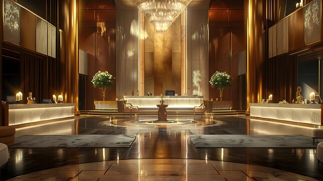 A luxurious hotel lobby featuring elegant chandeliers, polished wooden floors, and sophisticated decor creates an inviting atmosphere. 