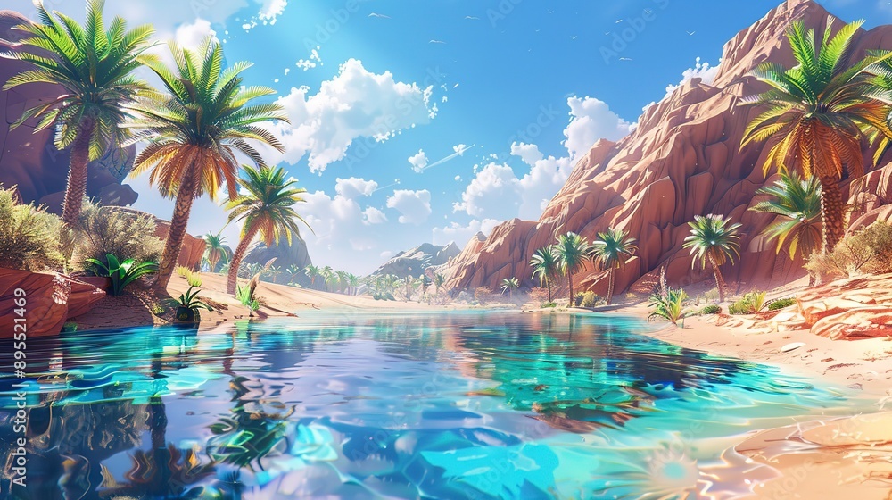 Sticker Desert oasis, palm trees, crystal clear water, scorching sun, wide shot, serene anime style