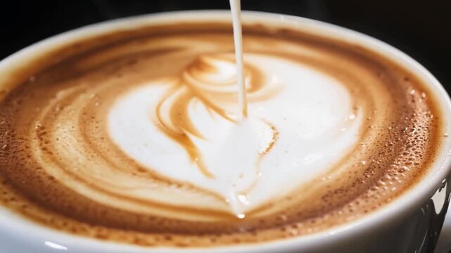 A closeup of a cup of cappuccino with foam and heart-shaped chocolate on top, set on a saucer