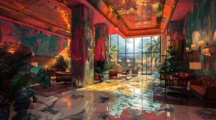 Obraz premium A stunning, vibrant interior of a luxurious lobby adorned with artistic wall designs, tropical plants, and large windows allowing natural light to flood in, creating a warm and inviting atmosphere. 