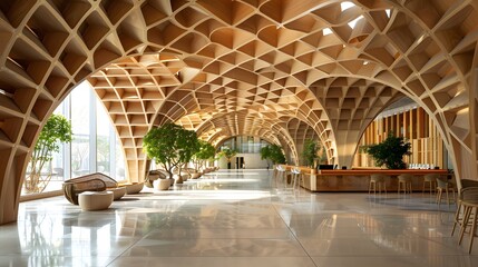 A stunning interior of a modern architectural space featuring a unique wooden lattice design, large windows, and greenery that creates a harmonious atmosphere. 