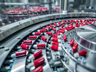 Obraz premium Close-up of high-speed capsule filling machine in a supplement manufacturing plant