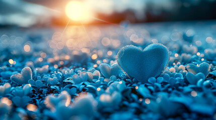 Obraz premium A field of blue hearts with a large heart in the center, all covered in dewdrops