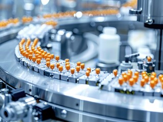Fototapeta premium Close-up of high-speed capsule filling machine in a supplement manufacturing plant