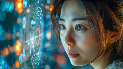 Close-up of a woman looking at a futuristic digital interface with glowing graphics and data on a blurred blue background. Concept of technology and innovation