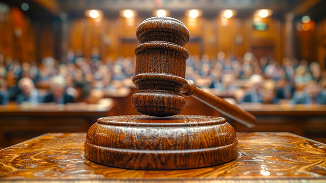 A wooden judge's gavel resting on a podium, with a blurred audience in the background