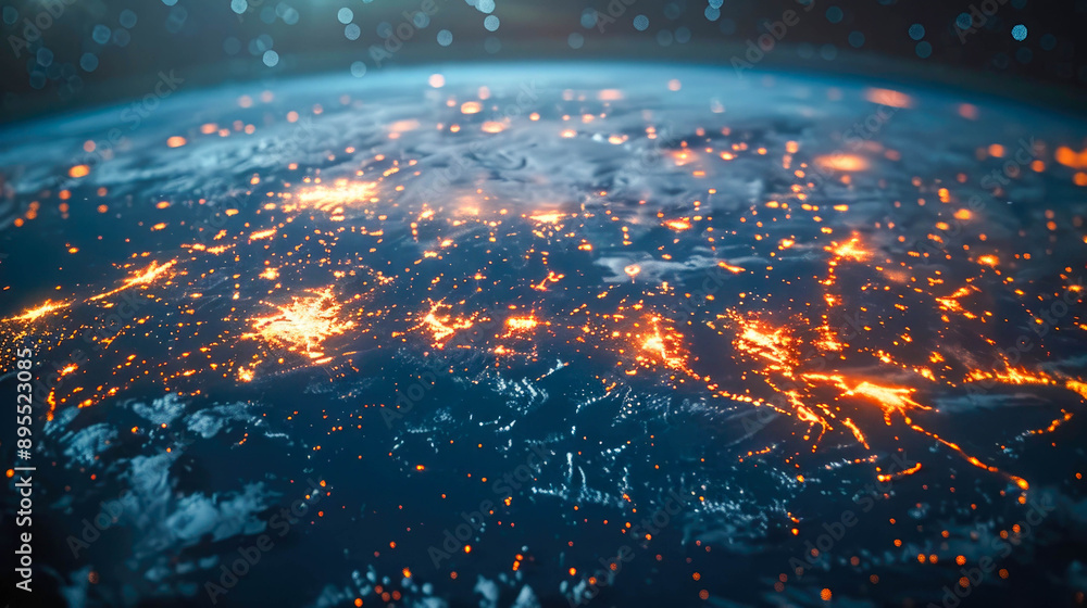 Poster a digitally rendered globe with bright, interconnected points and lines symbolizing global communica