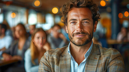 Confident man with glasses and beard in a casual outfit, standing in a cafe. Blurred background with warm lighting. Concept of confidence and style