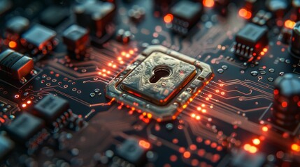 Obraz premium Close-up of secure microchip with glowing lights - generative ai