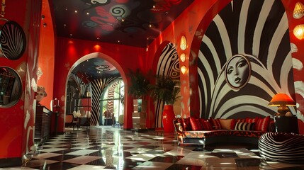 Obraz premium A vibrant and stylish hotel lobby featuring bold red walls, striking black and white patterns, and modern decor that creates a luxurious atmosphere. 