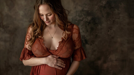 Fototapeta premium Loving_mother-to-be_holding_her_belly_in_studio