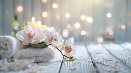 blurred and bokeh background with Towels , Candles, Orchid, Spa setting and white wooden table flooring