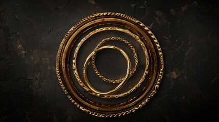 Gold rings lie in a circle against a black backdrop, enclosed by a golden frame.