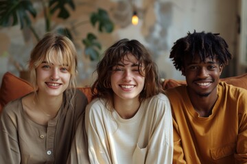 Fototapeta premium Two young women and a young man in casual wear looking relaxed.