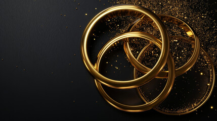 Gold rings lie in a circle against a black backdrop, enclosed by a golden frame.