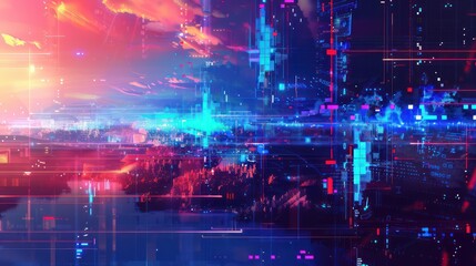 Obraz premium conceptual piece illustrating the integration of technology in financial trading, depicted as a digital landscape with abstract elements