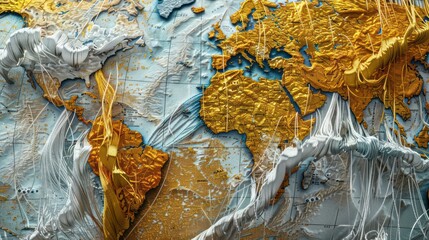 conceptual piece illustrating the impact of international trade on capital markets, depicted as interwoven gold and silver threads on a large map