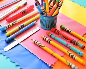 Obraz premium Educational tools in vibrant colors, detailed closeup on white.