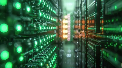 A close-up view of a data center or server room with rows of glowing green and orange lights indicating active servers. 