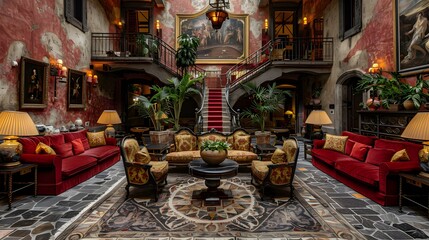 Fototapeta premium A luxurious and elegantly designed lobby featuring ornate furnishings, vibrant colors, and classic artwork, creating a warm and inviting atmosphere. 