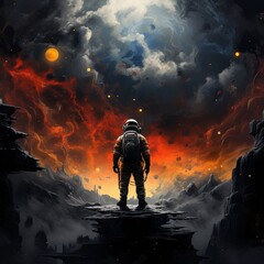 The astronaut is wearing a spacesuit and standing on a rock. The sky is a vibrant red and blue, and there are multiple moons in the sky. The astronaut is looking out at the landscape.