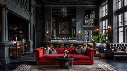 A stylish, modern lounge featuring a striking red tufted sofa, dark wood accents, and an elegant bar setup in a sophisticated setting. 