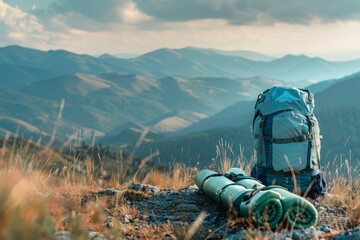 Backpacker mountain adventure with camping gear on a sunny day. Scenic outdoor hiking trail for exploration. Captured in vibrant colors to inspire adventure and exploration. Generative AI
