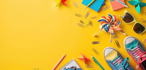Colorful flat lay design with school items on yellow, space for text, high resolution.